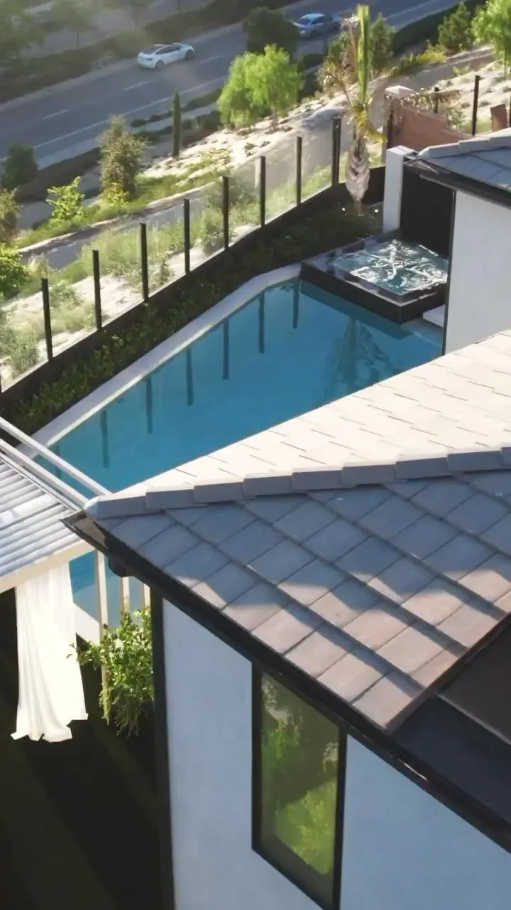 Pool and roof, aerial view