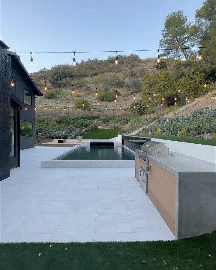 Terrace and pool at dusk